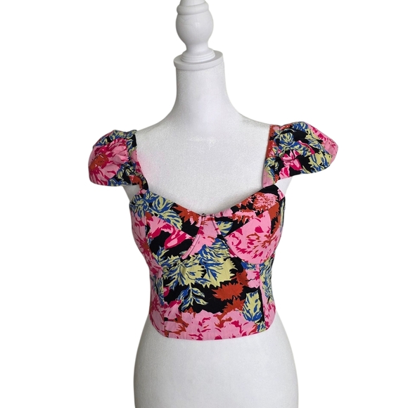 Forever 21 Floral Ruffle Sleeve Crop Top Corset Back With Tie Size XS - Picture 4 of 9